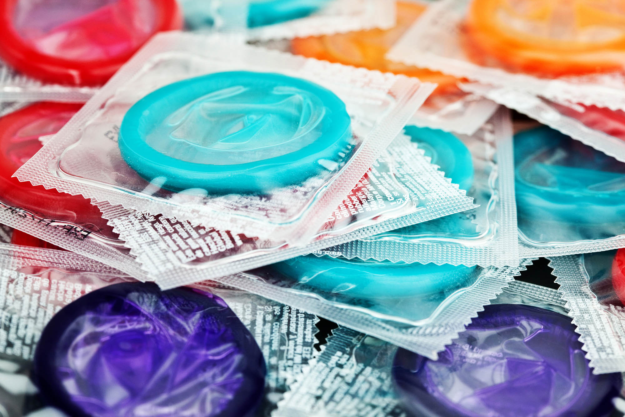 Photo: A stock photo of a collection of colorful condoms