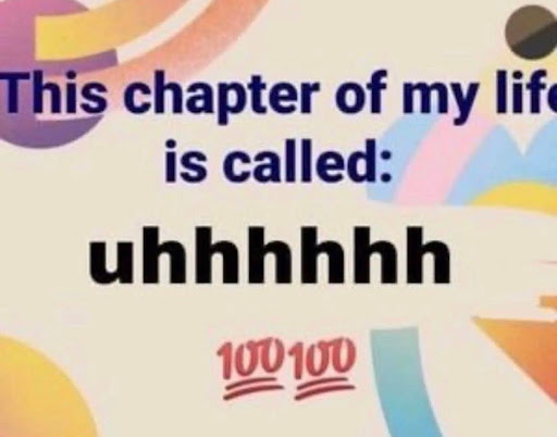 A meme that reads "This chapter of my life is called: uhhhhhh" with two "100" emojis afterwards. 
