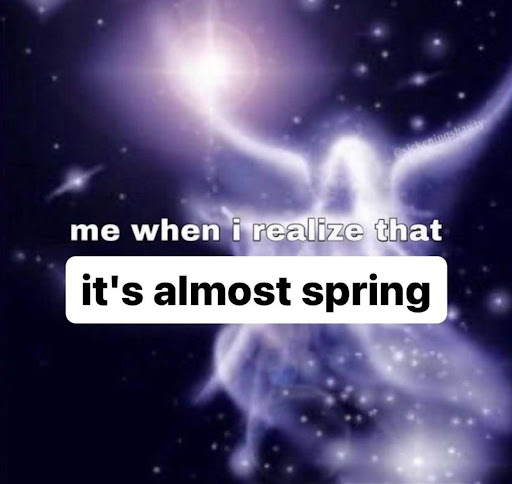 This is a meme that has a black and purple background that reads "Me when I realize that it's almost spring."