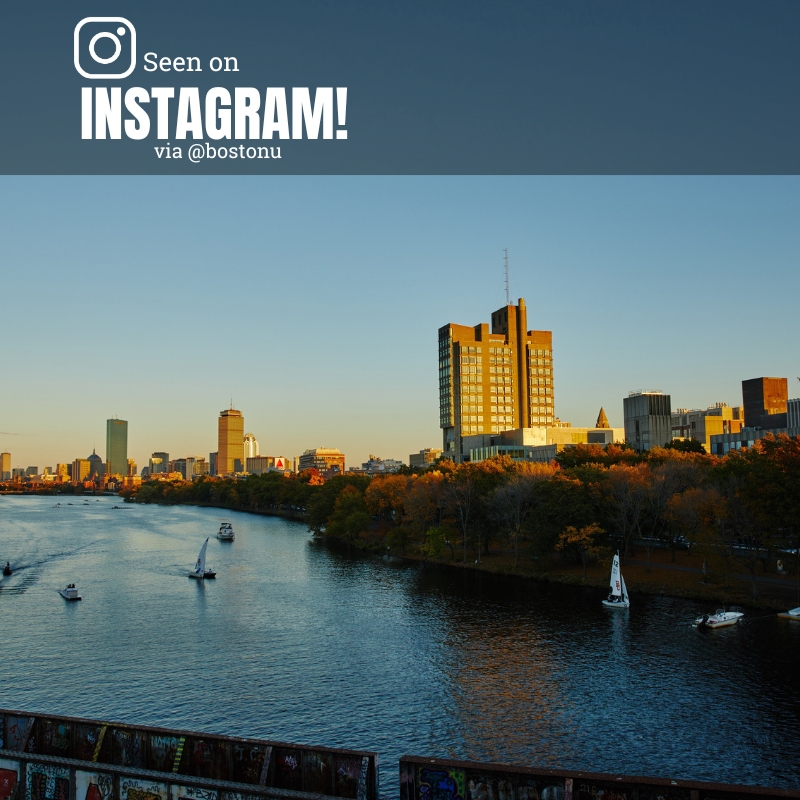 Photo: The Charles river in Boston at dusk, with a view of the LAW tower at Boston University in front of the Boston skyline. Text overlay reads "Seen on Instagram via @bostonu"