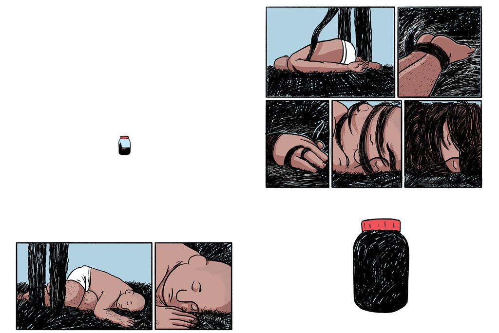 Sandeep Badal, two-page spread from Phantom in a Jar. Digital drawing. 