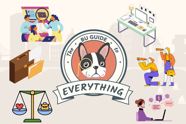 Illustration of a boston terrier in the middle of a circle of text reading "The BU Guide To Everything". There are vector images of people working at desks in an office environment surrounding the dog