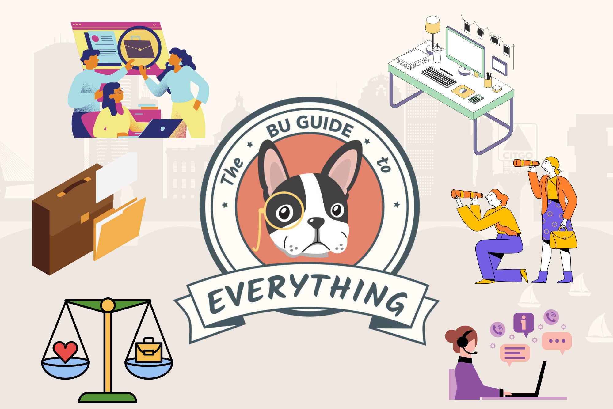 Illustration of a boston terrier in the middle of a circle of text reading "The BU Guide To Everything". There are vector images of people working at desks in an office environment surrounding the dog