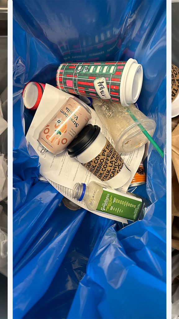 Photo: Composite image of multiple recycling bins. Coffee cups, food waste, and paper towels and napkins are among the nonrecyclables that contaminate BU recycling bins