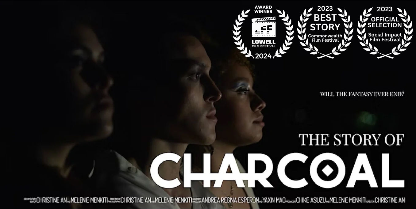 Photo: A poster of three people's side profiles. Text on the photo reads "The Story of Charcoal"