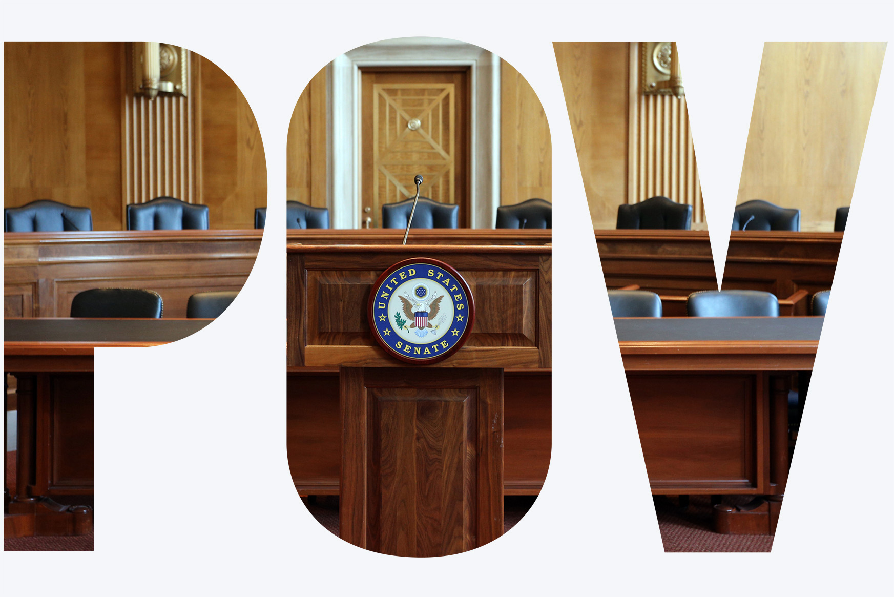 Photo: A picture of a podium with the words "United States Senate" on it. Behind the podium there are tables and chairs. There is an overlay on the photo that says "POV"