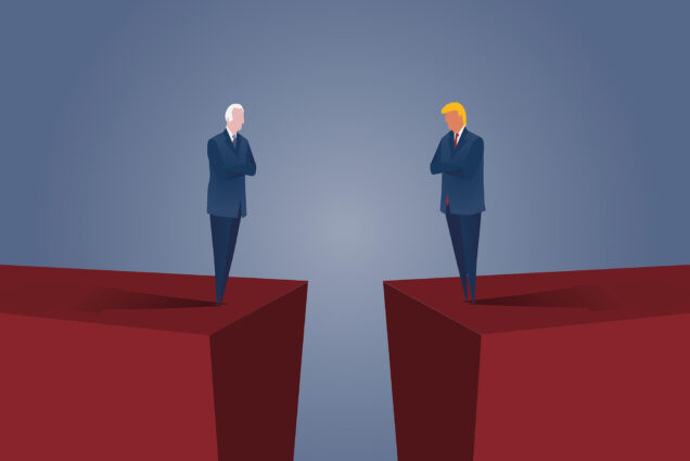Photo: A stock photo with caricatures of Biden and Trump with their arms crossed, facing one another on the edge of a red cliff, respectively.