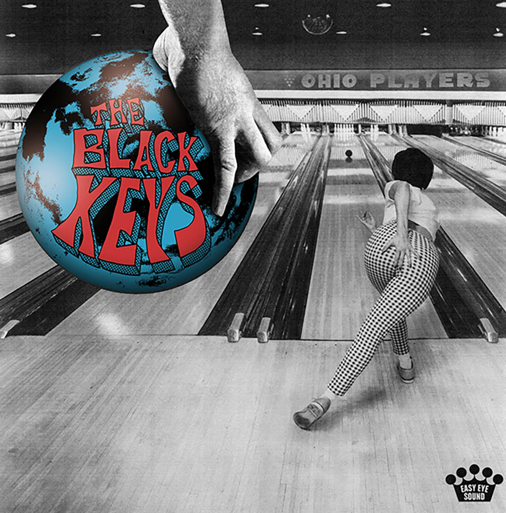 Photo: A album cover of a person bowling, in greyscale, with 50s attire. A hand in front of the left top corner holds a bowling ball with the text overlay of THE BLACK KEYS on top.