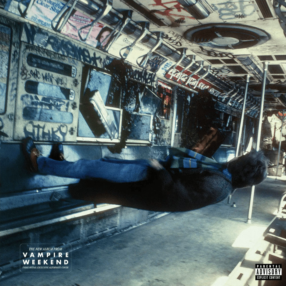 Photo: An album cover with a distorted view, a man walking on the wall in a subway cart, with a grungy, blue filter overtop.