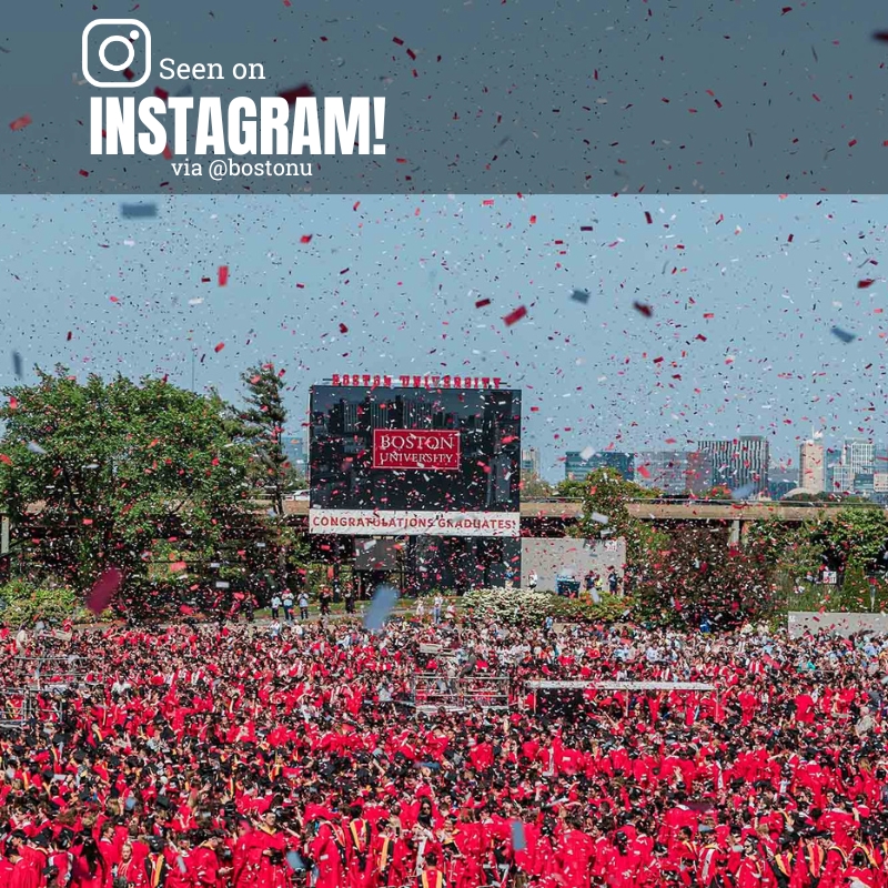 Photo: BU 2023 graduates celebrating their commencement as confetti falls from the sky. Text overlay reads "Seen on Instagram via @bostonu"