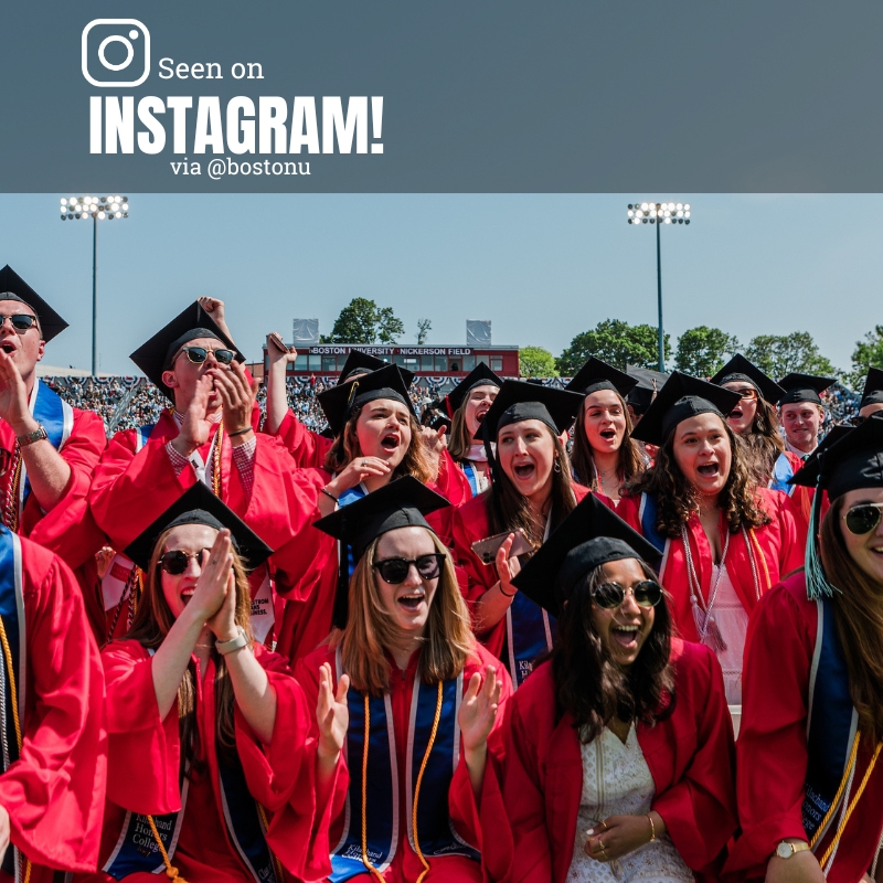 Photo: A sea of graduates wearing red gowns with black caps. Text overlay reads "Seen on instagram via @bostonu"
