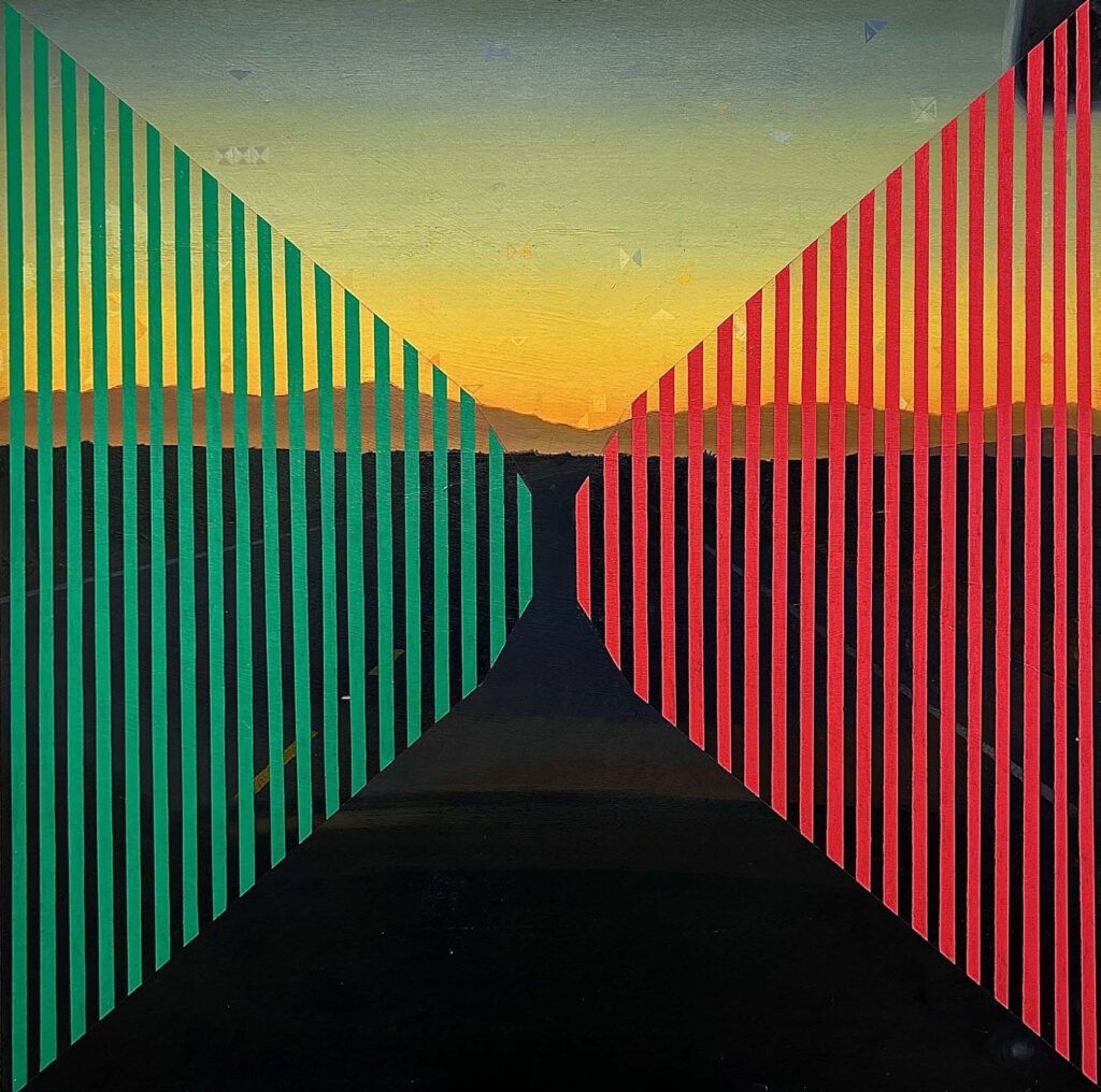 Photo: A painting of a traditional landscape, a sunset defining the top. On the left, green lines repeat until the middle and on the right, red lines mirror the green.