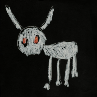 Drake's album cover for "For All the Dogs". It is a black background with a stick-figure dog drawn in white, with red eyes. 