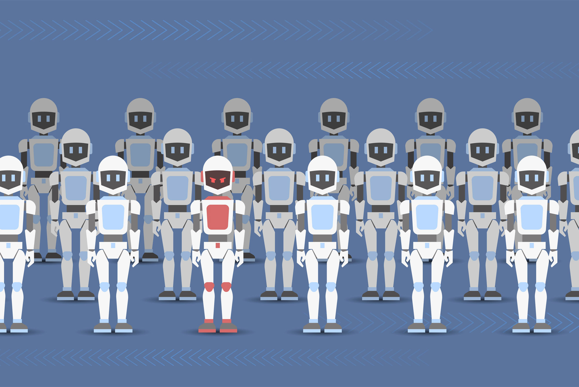 Photo: A crowd of robots stands in a row and one of them is an evil traitor