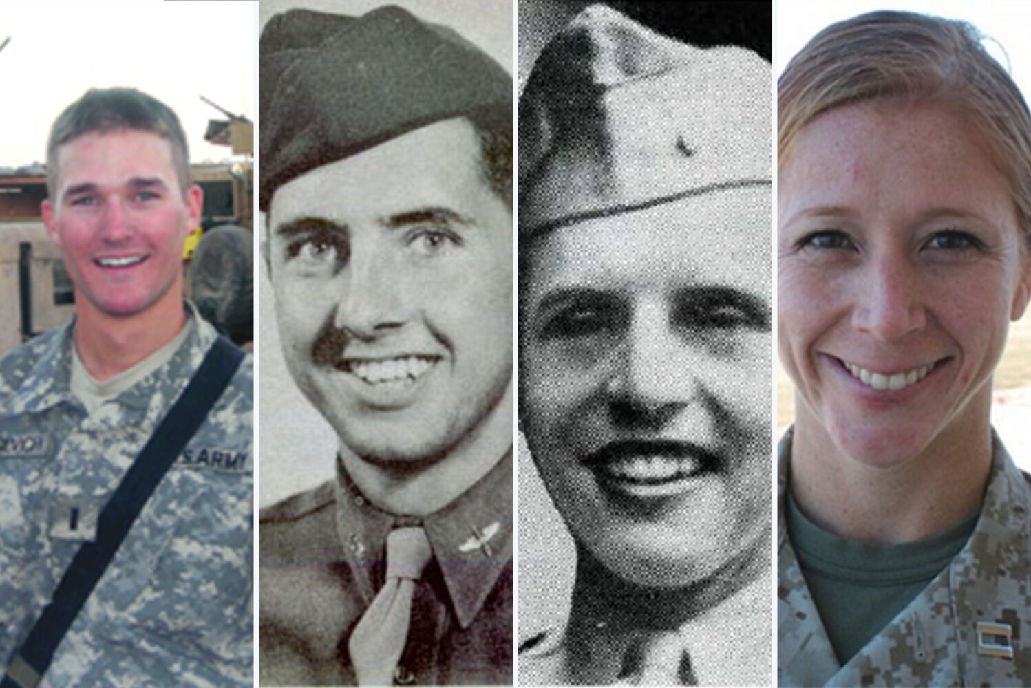 Photo: Composite image of four individuals who served in the army. They all smile in their respective uniforms.