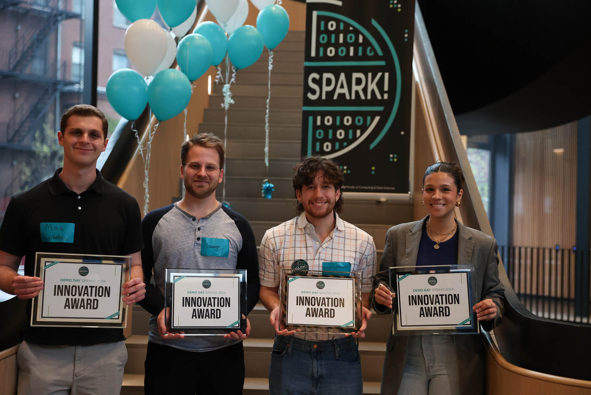 Photo: Max Karambelas (ENG’24, CDS’24) (from left), George Trammell (CDS’24), Luis Mavarez (CAS’24), Andrea Rojas Doupovec (CFA’25, CAS’25), and Jimin Park (CAS’24) (not pictured) are the inventors of CloudWeaver. They all hold up their certificate showing they won.