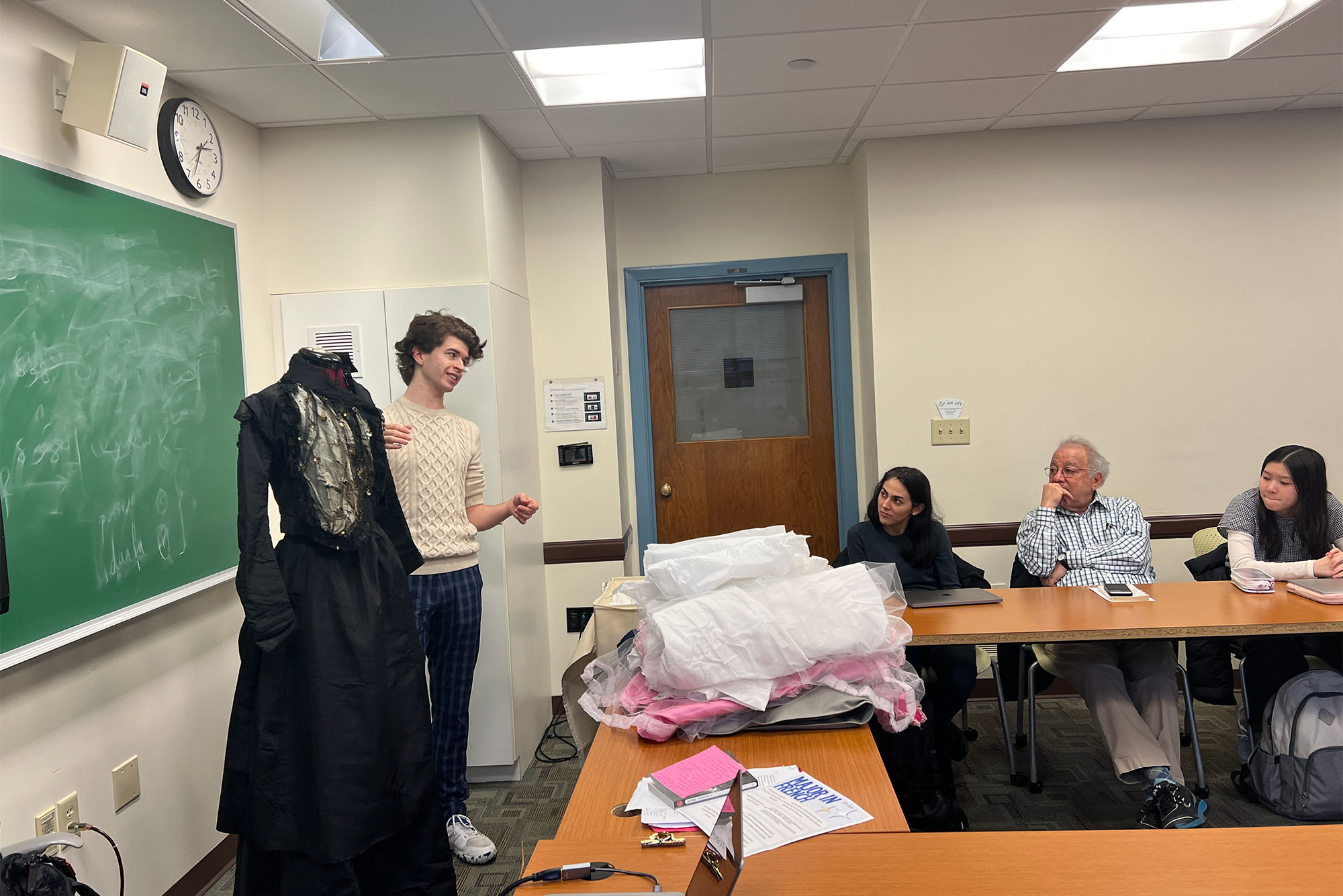 Photo: Visiting the CAS class Cultural Histories of the 19th Century, Hutton brought along some original antique pieces of clothing from his personal collection, i this Victorian mourning dress among them. Photo by Rachel Mesch