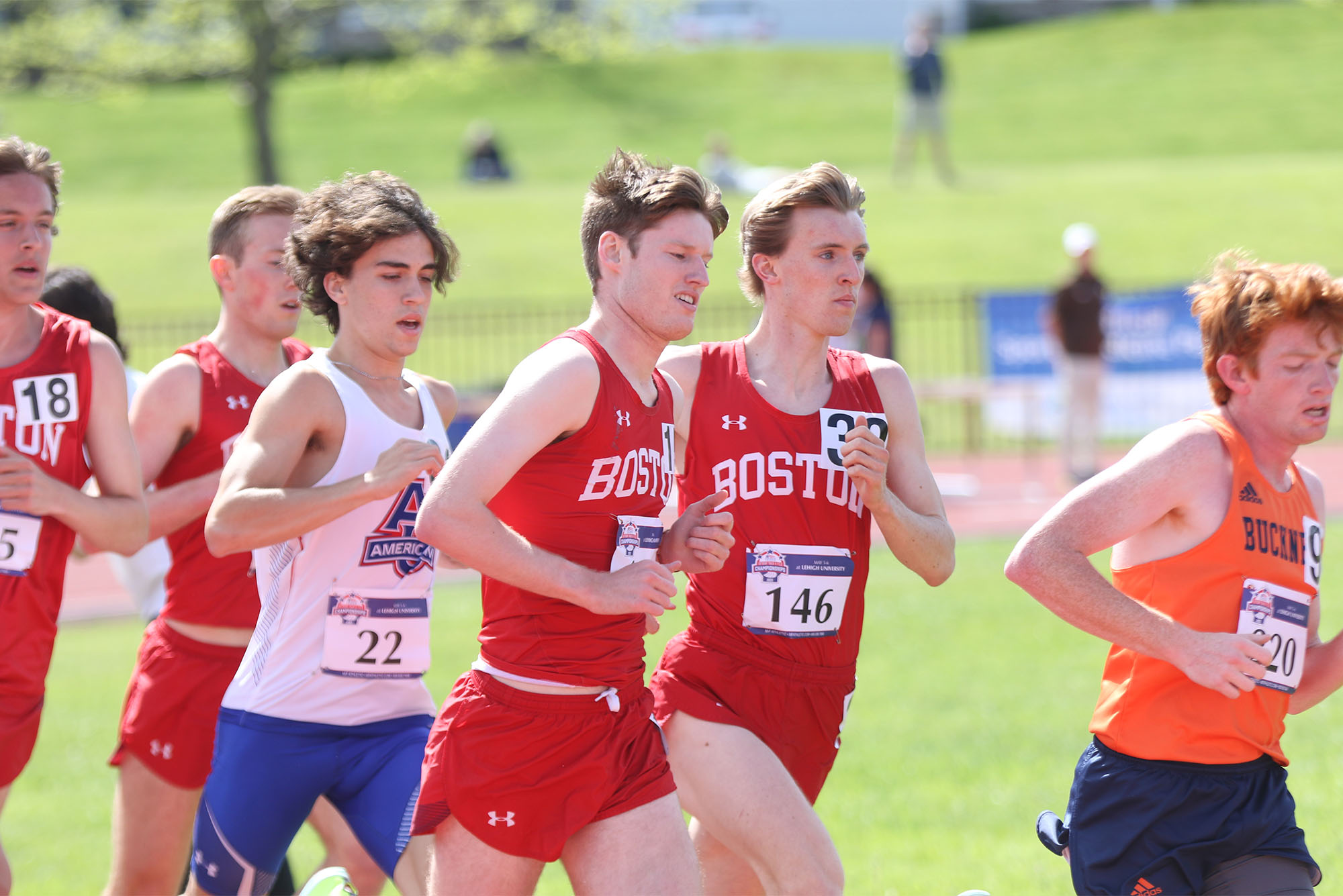 Photo: Kevin Murphy (QuestromG’24) runs in the 2023 Outdoor Patriot League Championship at Lehigh University’s Goodman Track and Field Complex in Bethlehem, Pa., alongside Mike Hagen