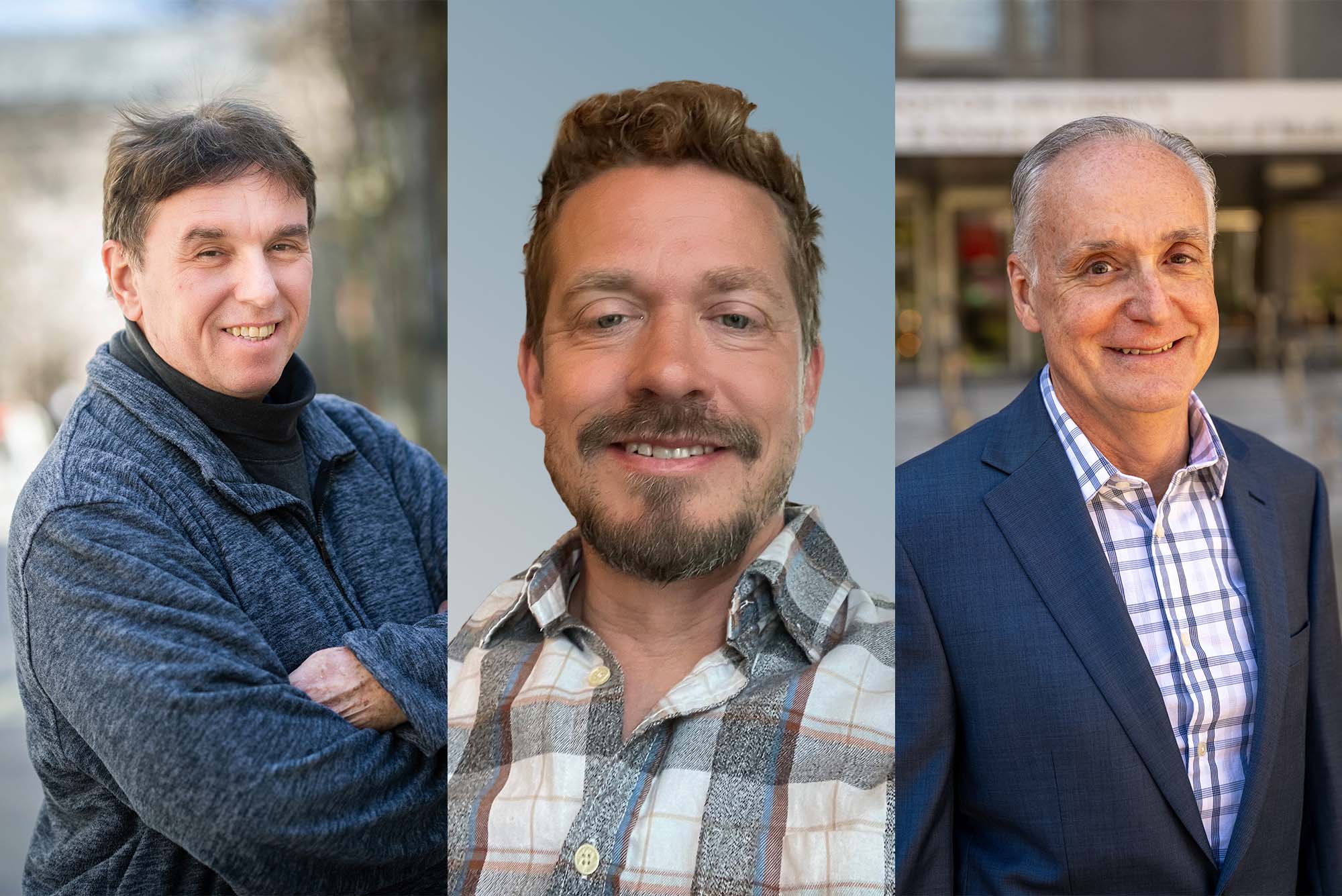 Composite Image: The 2024 recipients of the John S. Perkins Award for Distinguished Service are Walter von Bosau, media resources coordinator, Krasker Film/Video Services, Mugar Memorial Library (from left), Daniel Ivey, program administrator, CAS Writing Program, and Richard Vezina (SPH’90), associate director of the Slone Epidemiology Center. von Bosau photo by Jackie Ricciardi, Center photo provided by Dan Ivery, Vezina photo by Cydney Scott