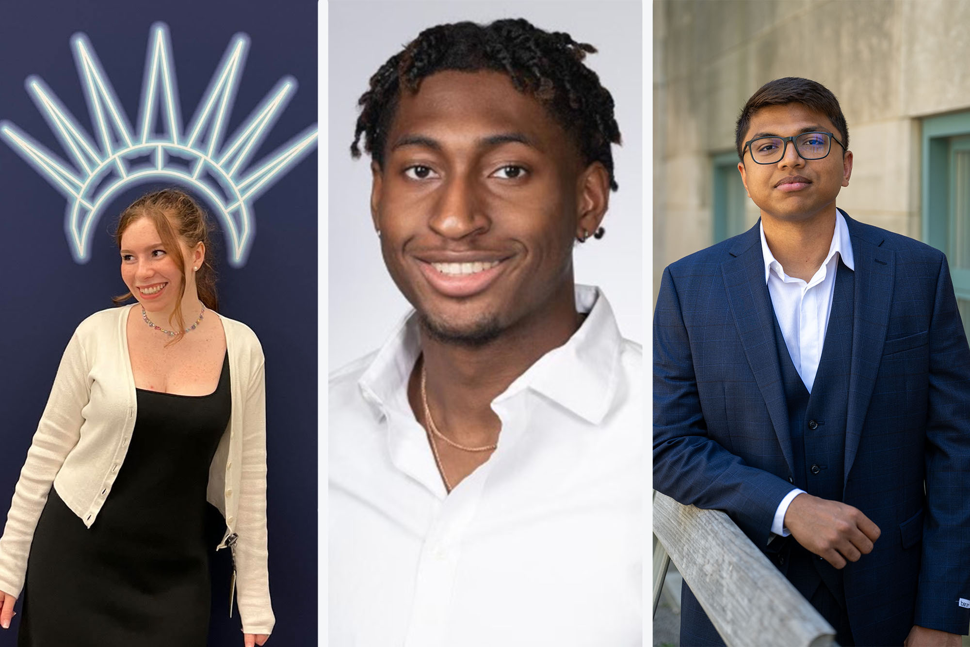 Composite image of 3 college students. On the left, a woman in a business casual outfit smiles underneath a crown drawn on the wall behind her. In the center a male student with short black hair smiles in a formal headshot in a white collared shirt. On the right another male student is in a suit, also smiling in a formal portrait