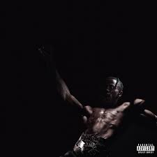 Travis Scott's album cover for the song Fein. It is a black background with a faint sillhouette of Travis Scott. 