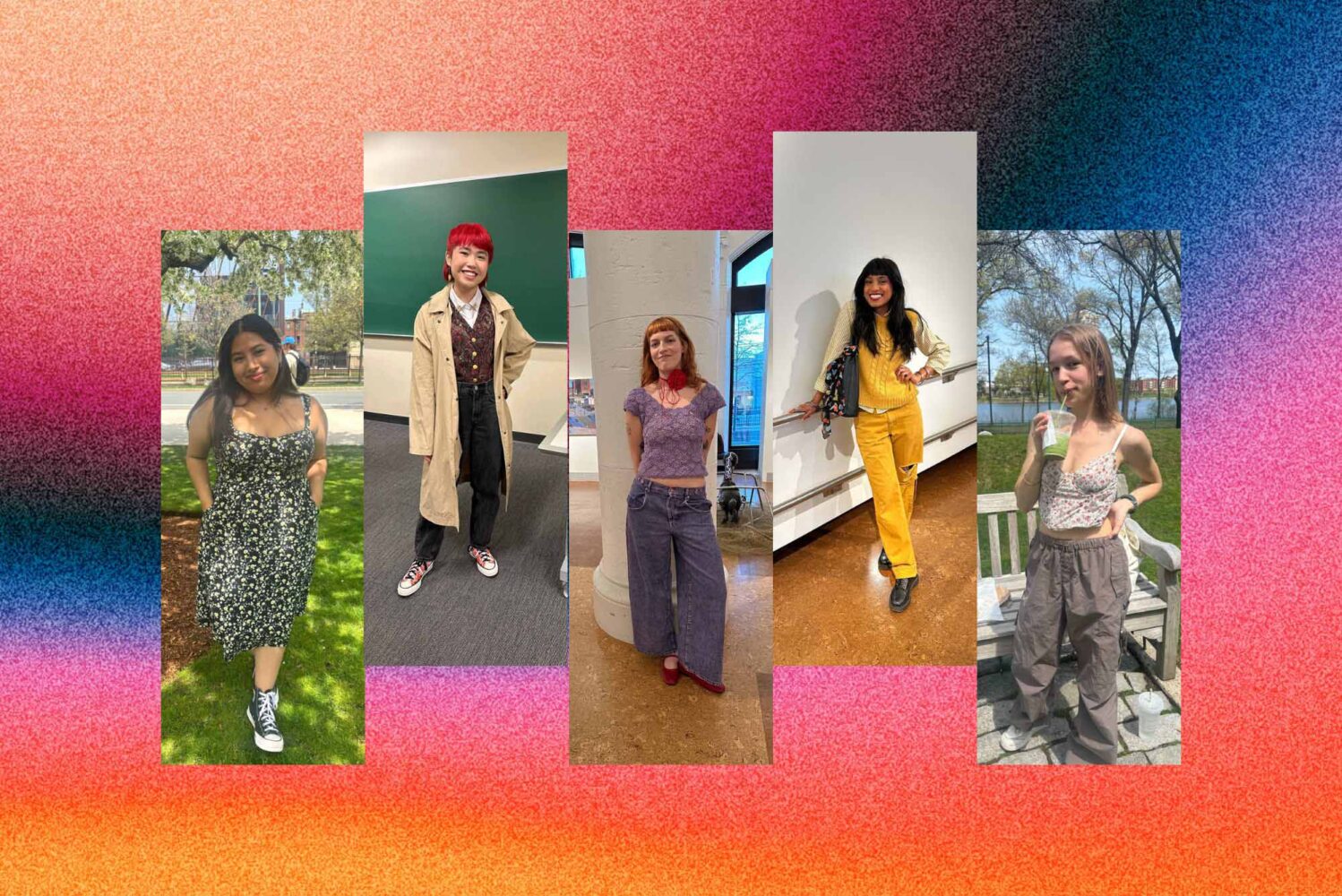 Photo: A collage of five images, each image a photo of a BU student posing to show off their outfits. The background is a multi-colored mesh of bright pinks, oranges, and blues with an added grainy overlay.