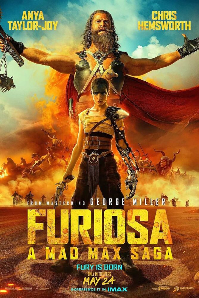 Photo: A movie poster for Furiosa: A Mad Max Saga. A bald women stands in the foreground, fierce and ready. She has a robotic claw arm on her left side. Behind her, a man with long hair and a beard stands with his arms wide open, looking powerful and intimidating.