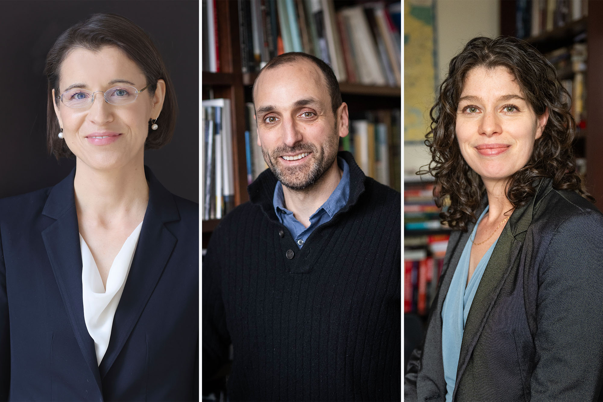 Photo: A composite image of three professors from Boston University. On the left is a woman smiling while wearing glasses and pearl earrings in addition to a suit with a blouse under. In the middle is a man smiling in a pullover sweater with buttons and a blue button up shirt under. On the right is a woman in a gray suit smiling at the camera.