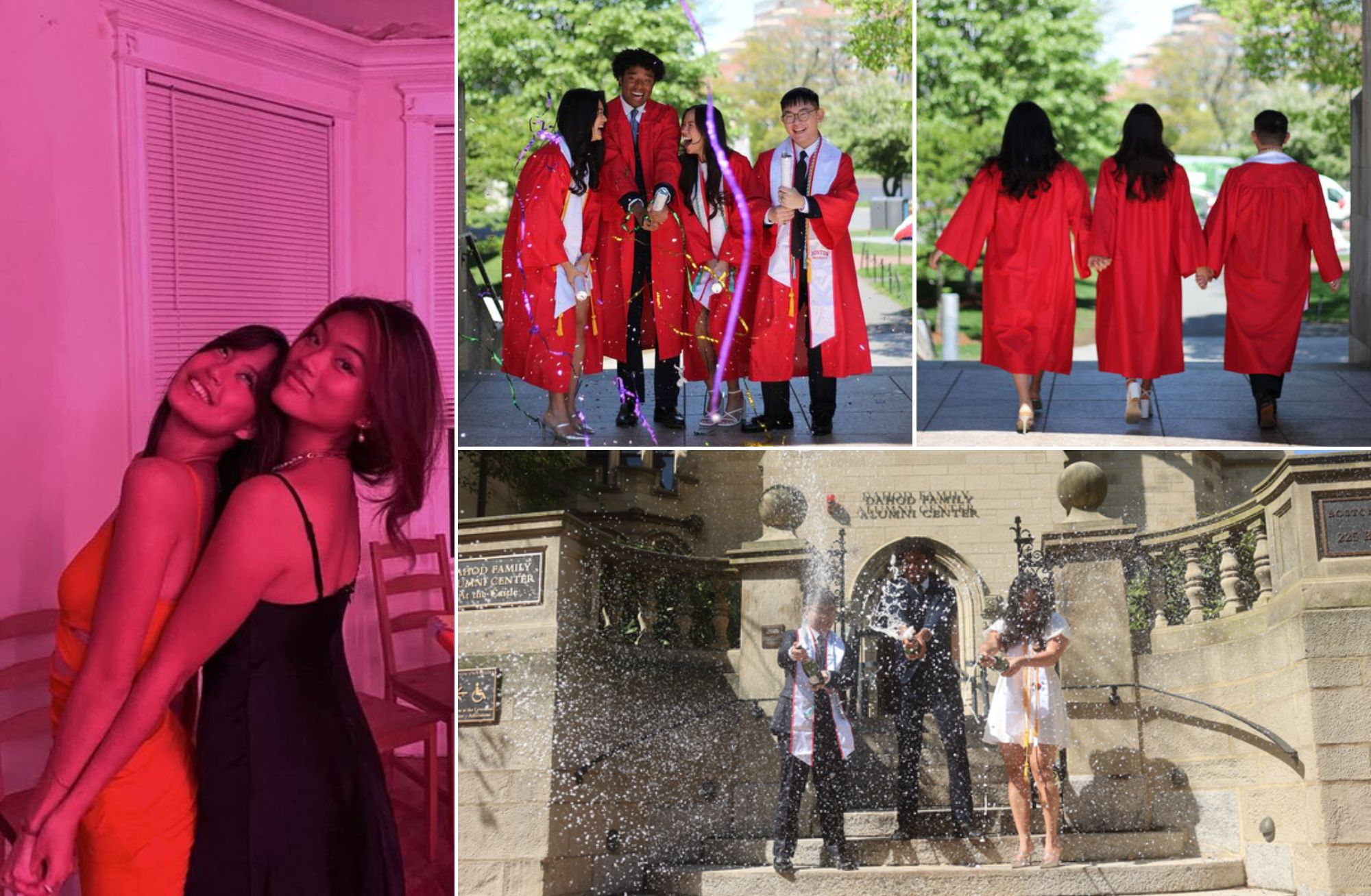 Photo: A collage of four images showcasing moments of celebration and bonding. The top left shows two individuals posing happily in front of a pink wall, one in an orange dress and the other in black attire. The top right captures graduates in red gowns and caps, proudly holding diplomas while walking. The bottom left is indistinct, featuring a stone structure and plaque. The bottom right depicts three individuals joyously celebrating with one popping a champagne bottle near a stone structure with inscriptions.
