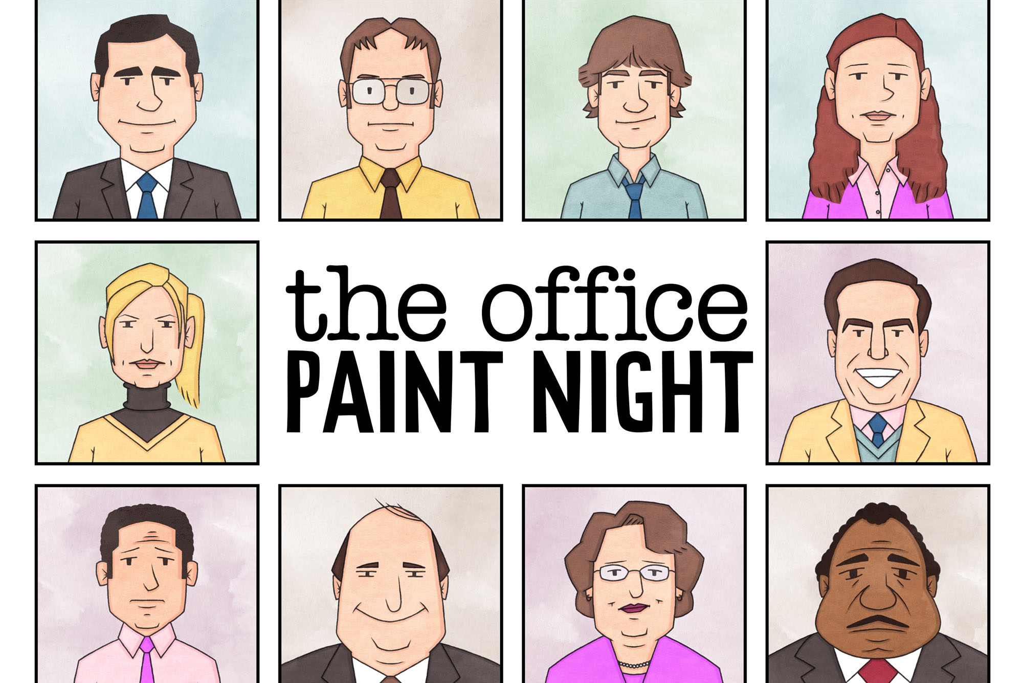 Photo: Drawings of characters from the TV show "The Office" in square frames. They are done in a cartoonish, colorful style. The center of the image has text that reads "The Office Paint Night"