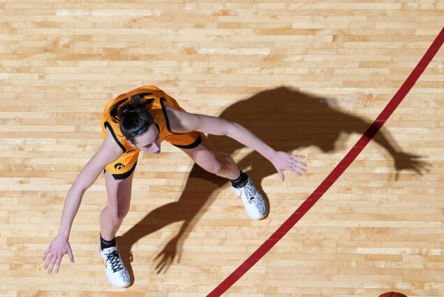 Photo: An aerial shot of a basketball player on the court