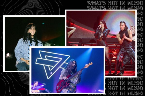 Photo: A collage of three images of different musicians. Background text overlay reads: "What's Hot in Music"