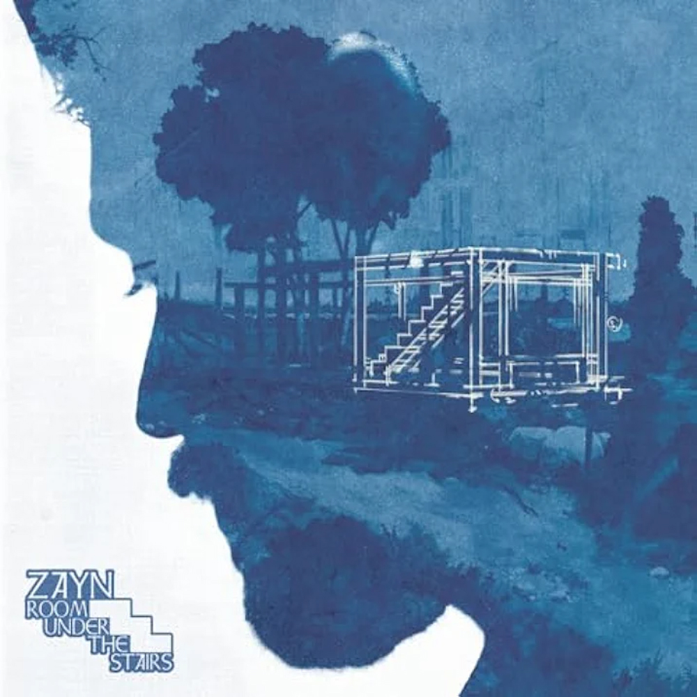 Photo: Album cover art of the silhouette of a side profile of a head with a drawing of a room under stairs inside of the silhouette. The inside of the head is blue