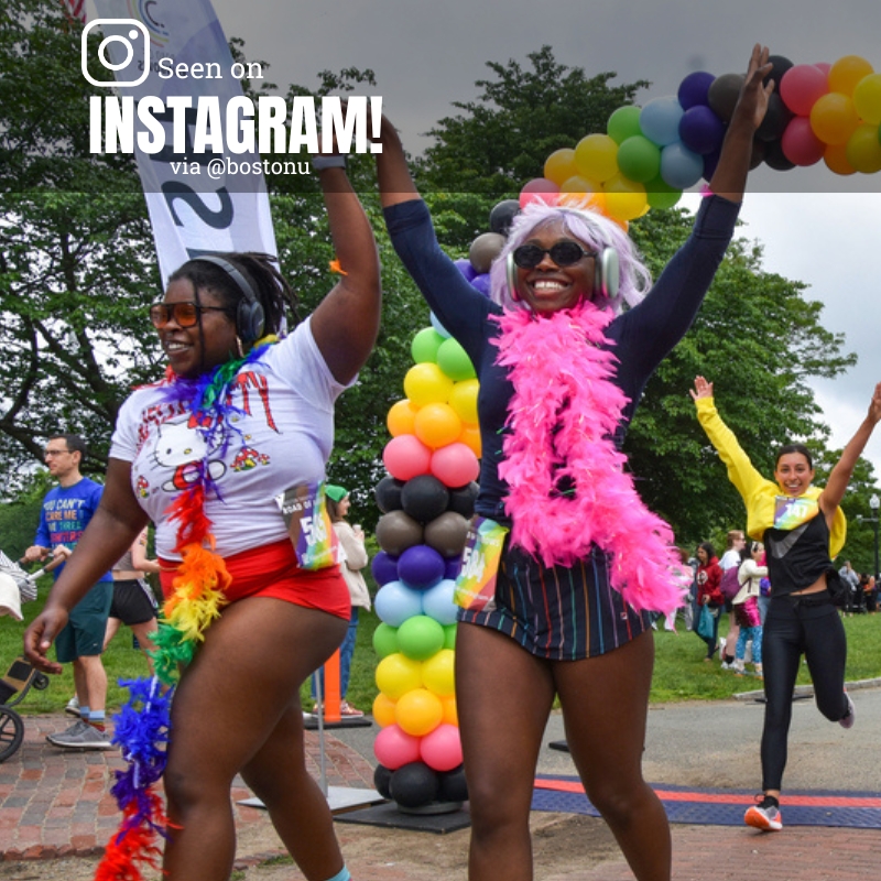 Photo: A picture of people completing a 5k by running under a vibrant, rainbow balloon arch. Text overlay reads "Seen on Instagram via @bostonu"