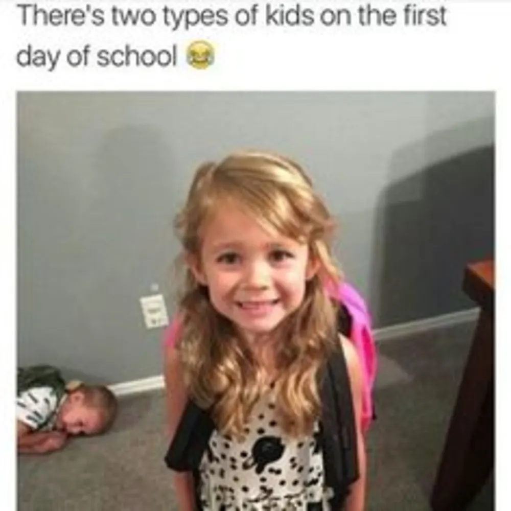 A meme with a child smiling with her backpack on while another child is laid behind her crying with his backpack on. The caption on the meme reads: "There's two types of kids on the first day of school."