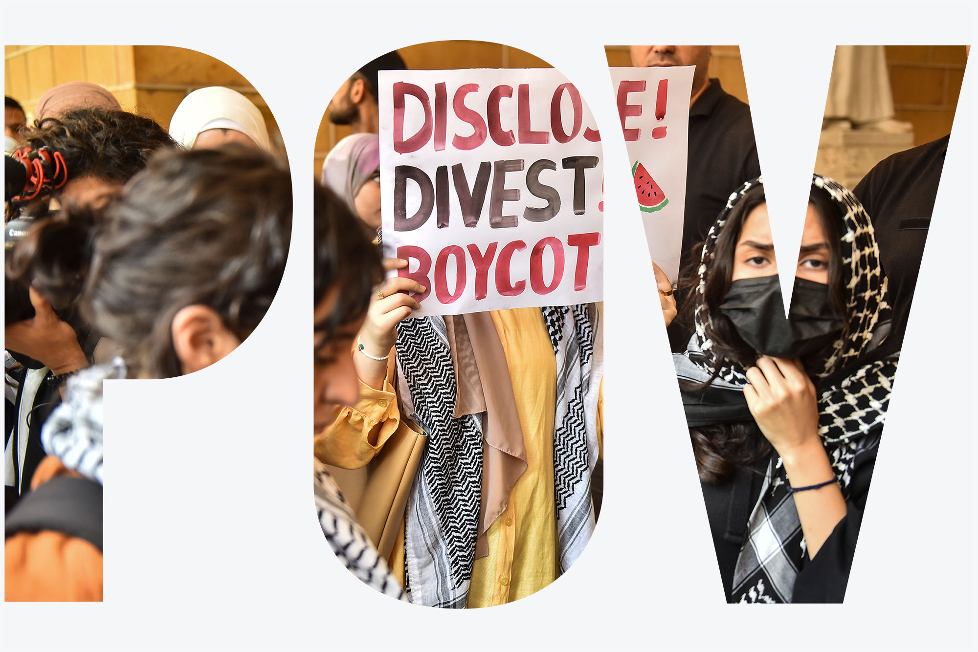 Photo: Students at the American University of Beirut are carrying banners as they attend a pro-Palestinian demonstration on the campus. One reads "DISCLOSE DIVEST BOYCOTT"
