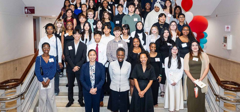 Photo: This year’s class of Boston Public Schools students earning Thomas M. Menino Scholarships and Community Service Award winners at a reception in the lobby of the Questrom School of Business