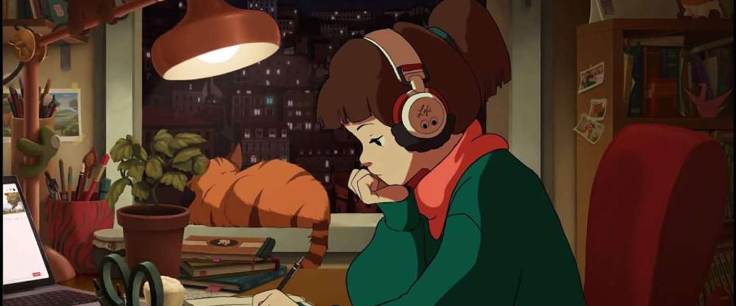 Image: Anime style illustration of a young girl wearing headphones as she studies at a slightly cluttered desk. She sits next to a window showing a night sky with an orange cat looking out as it sits on the window sill.