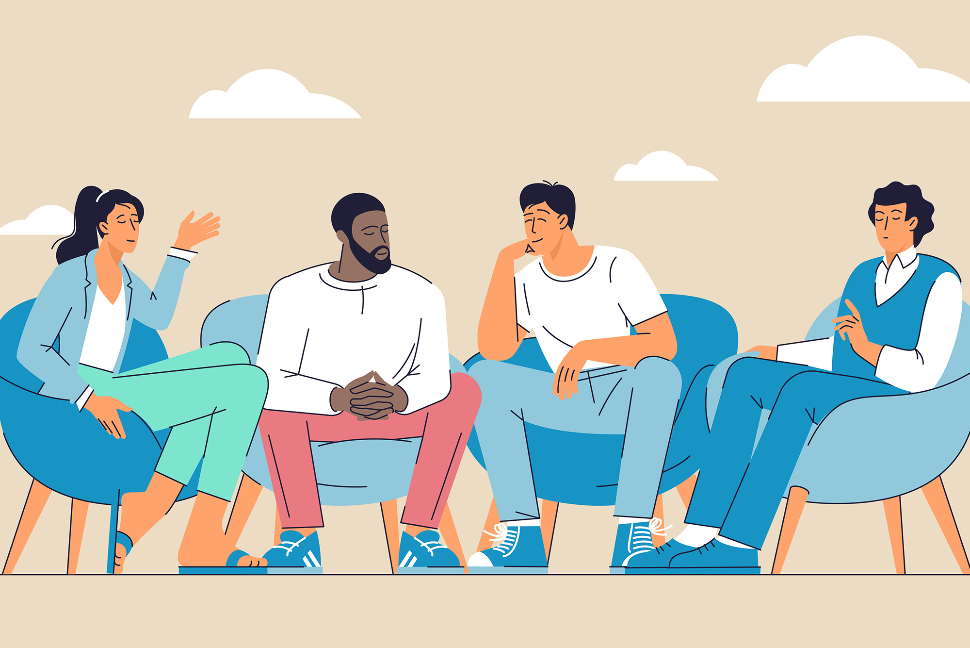 Photo: A stock illustration of four people, one woman on the left and three men on her right, in group therapy. They are sitting on blue chairs with a tan background and clouds above them