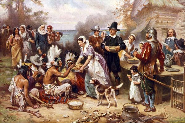 Photo: A screen print of a painting by Jean Leon Germone depicting the first Thanksgiving