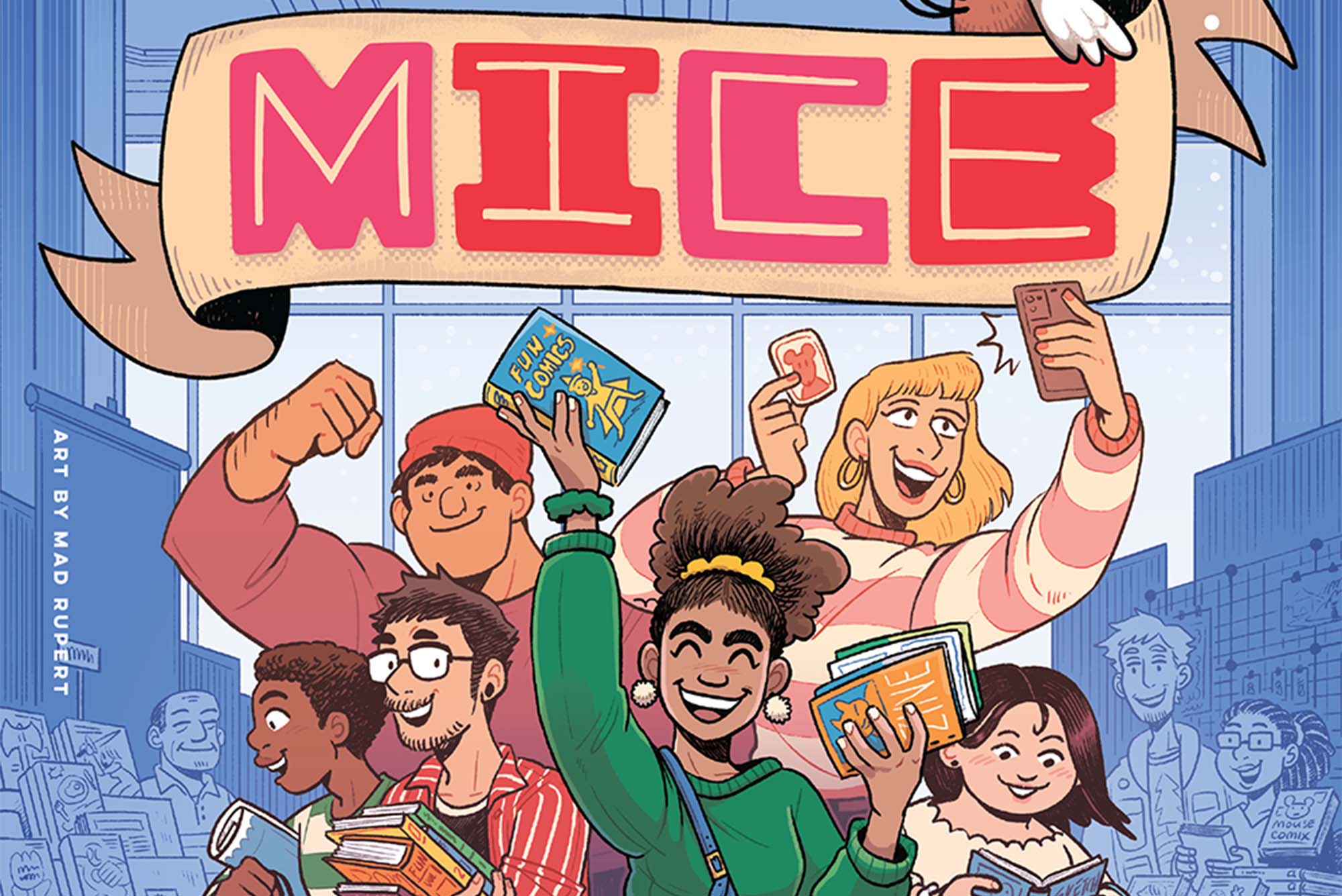 Poster for the Massachusetts Independent Comics Expo, "MICE" depicting cartoon people reading comic books and generally celebrating