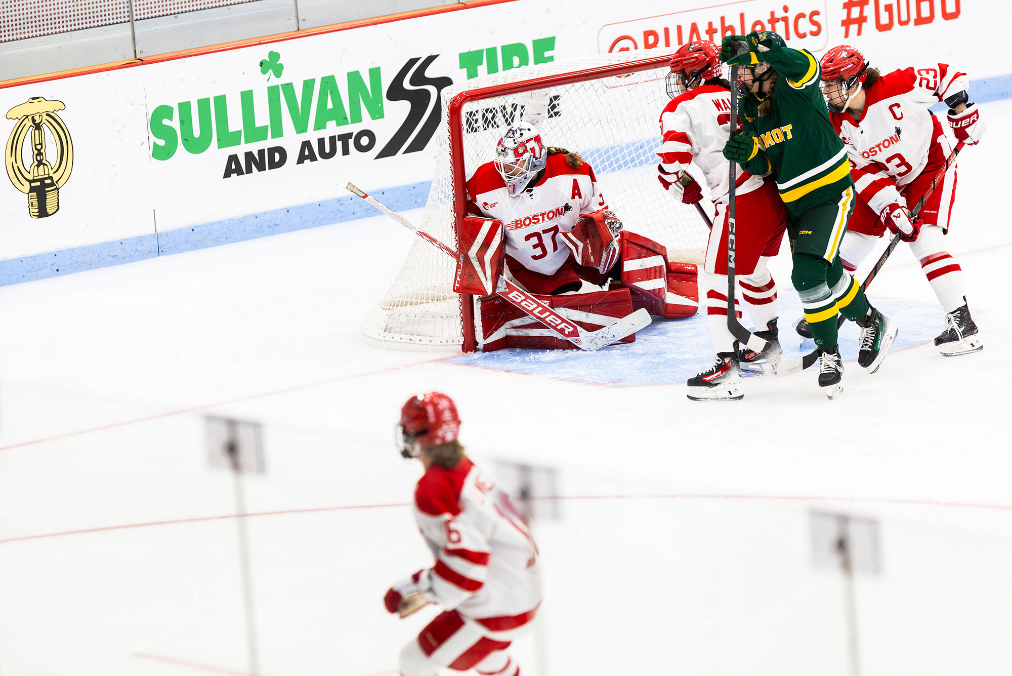 Shanahan during a home game against Vermont on January 31, 2025. Shanahan and the BU women’s ice hockey team are chasing a Hockey East Championship trophy, beginning Saturday, March 1, in the tournament quarterfinals. Photo by Matt Woolverton/BU Athletics