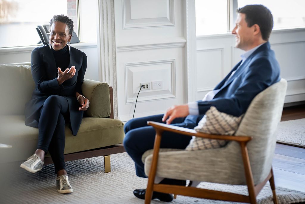 Photo: BU President Melissa Gilliam and BMC President Alastair Bell talk about strengthening the relationship between the two institutions on Friday, March 14, 2025. Photo by Jackie Ricciardi for Boston University