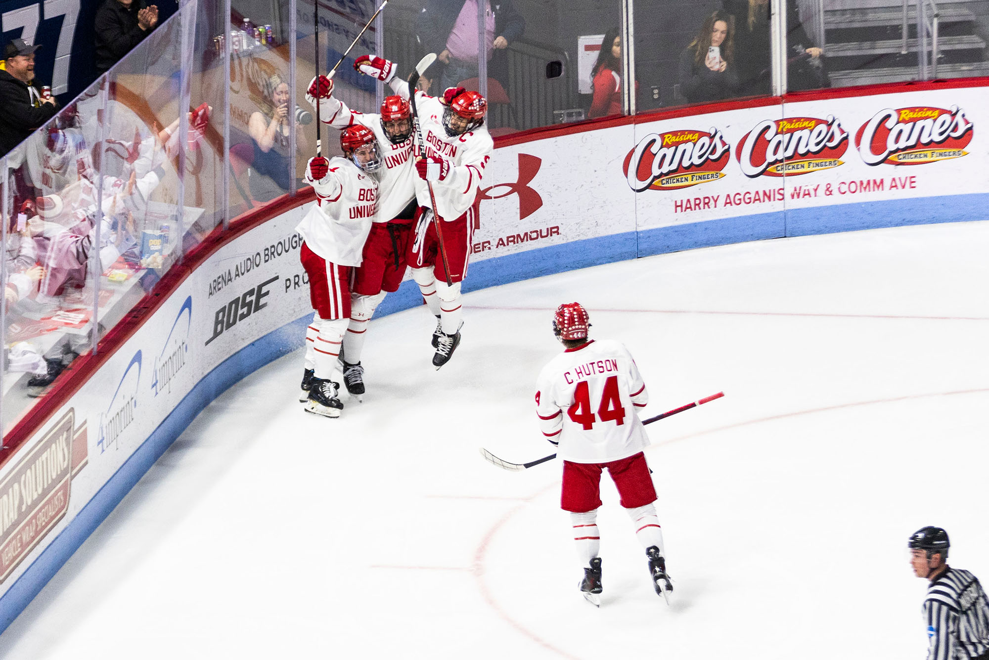 Photo: The BU men’s hockey team after a goal by cocaptain Shane Lachance (SHA’27) in the Hockey East quarterfinals March 15