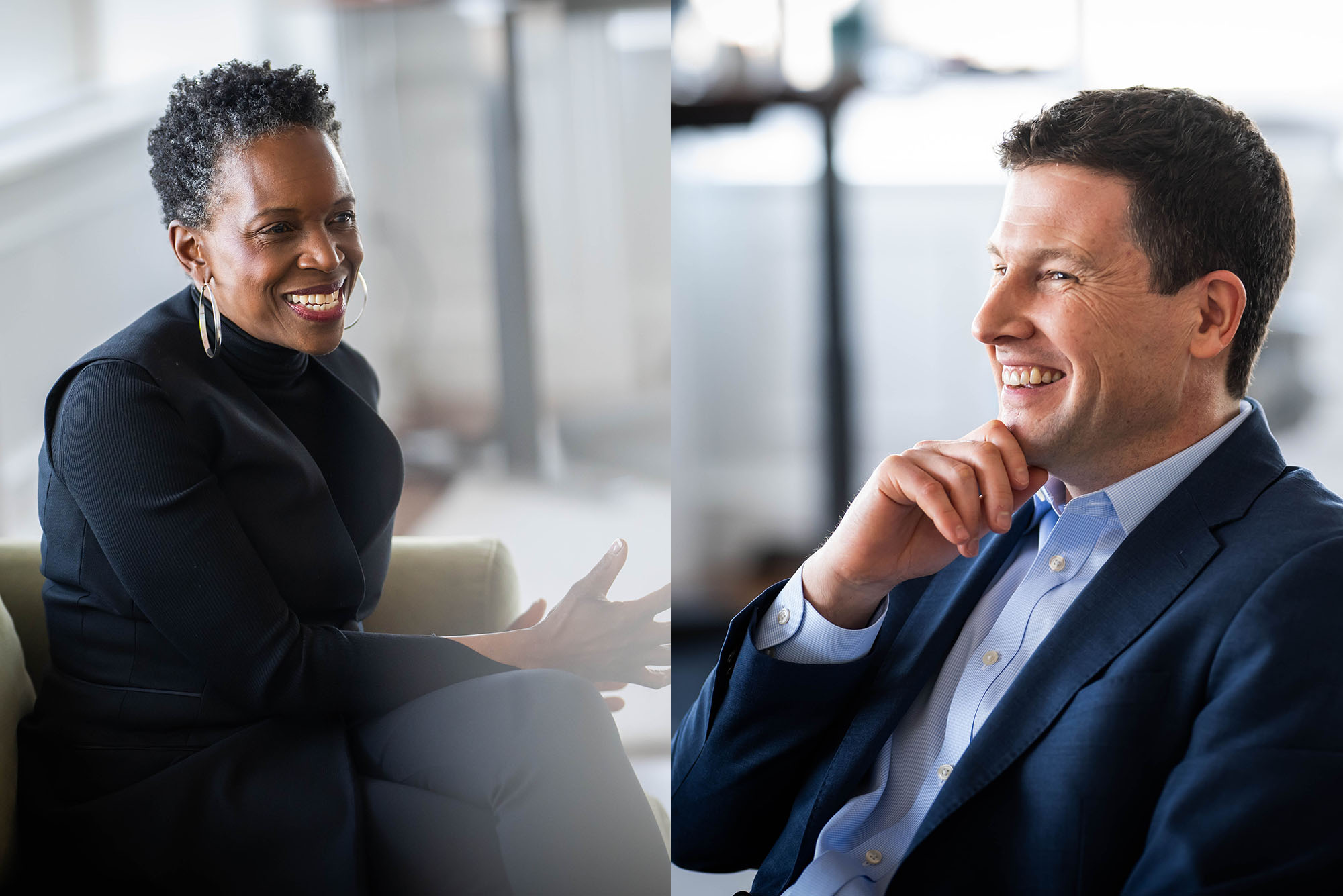Photo: BU President Melissa Gilliam and BMC President Alastair Bell talk about strengthening the relationship between the two institutions on Friday, March 14, 2025. Photo by Jackie Ricciardi for Boston University