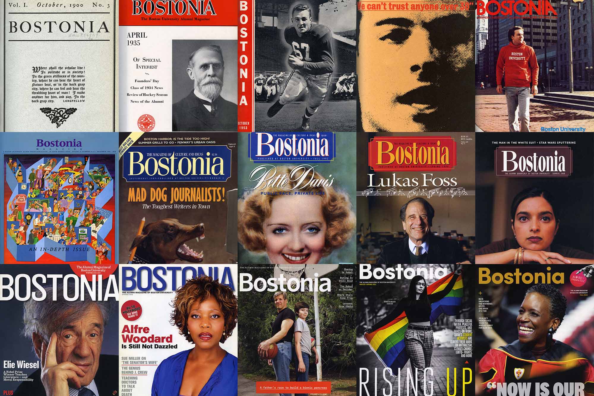 Photo collage of covers over the years for the magazine Bostonia