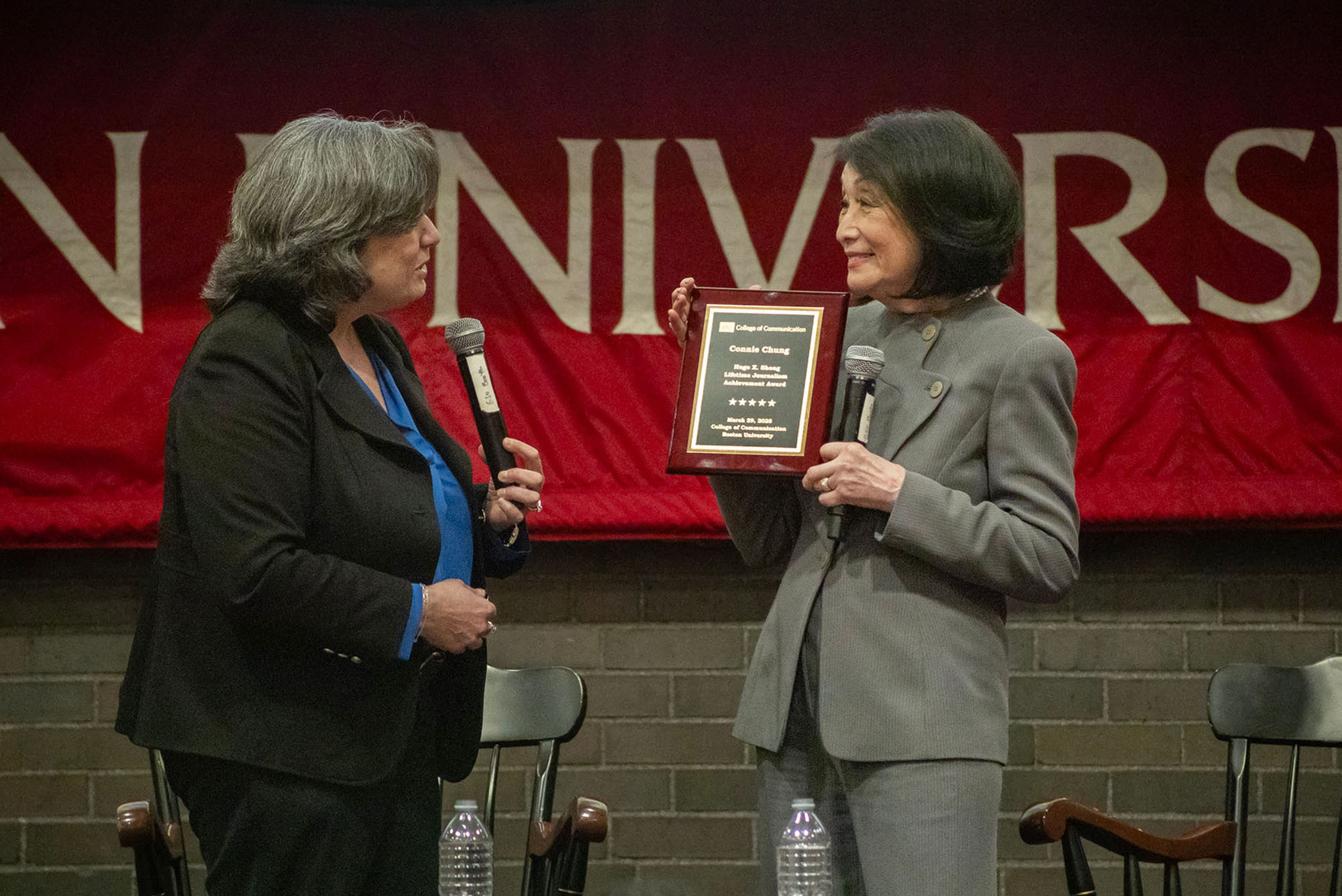 Photo: Connie Chung being presented with the 2025 Hugo Shong Lifetime Achievement Award on stage
