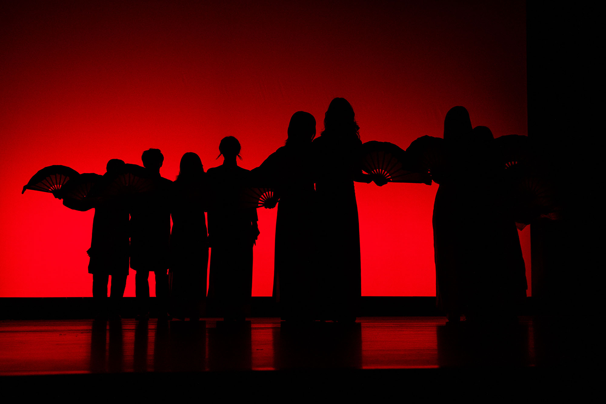 Photo: A red-lit stage with silhouettes dancing