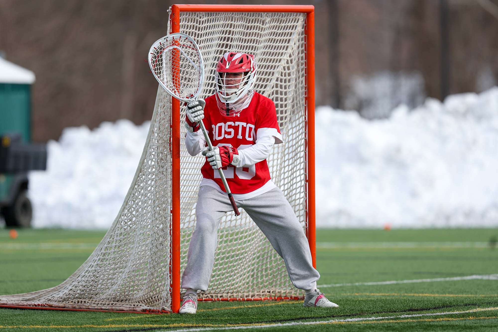 Photo: A BU Lacrosse goalie at the net during a game