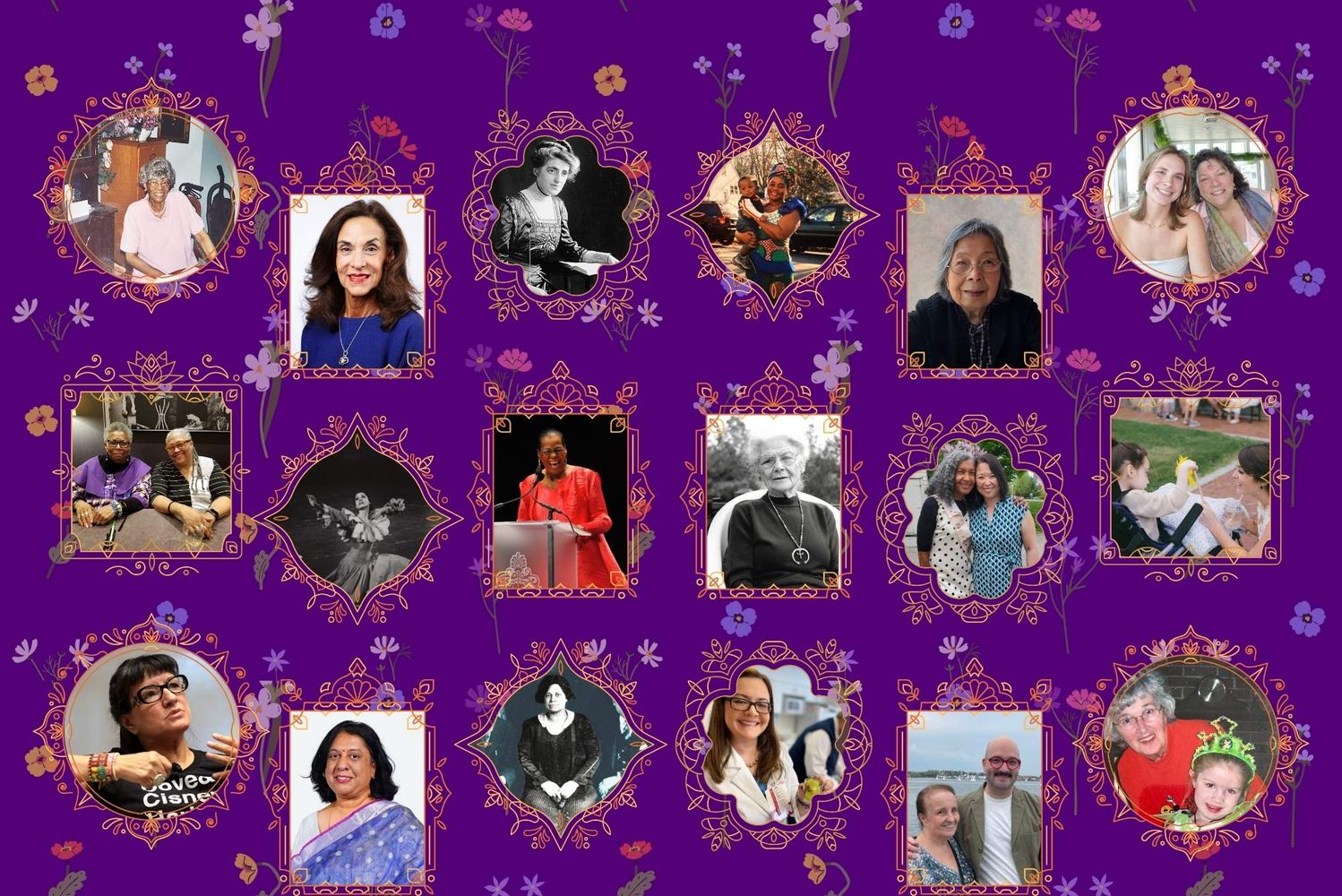 Photo: A collage with a purple floral background and 18 different pictures of various women